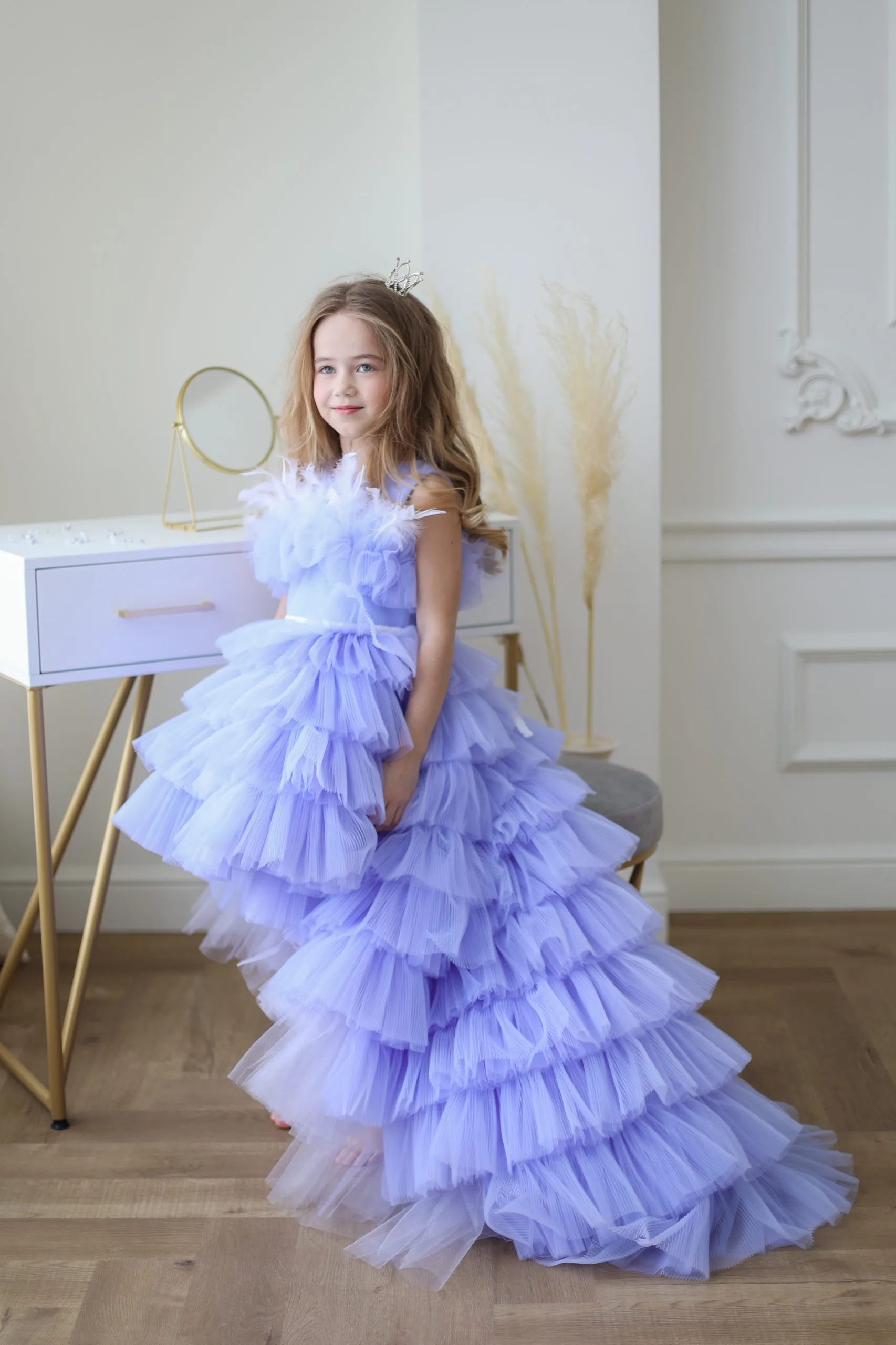 Lavender Purple Flower Girl Dress Fluffy Layered Child Wedding Lace Lovely Sash Long Party Kids Birthday Gift Evening Dresses