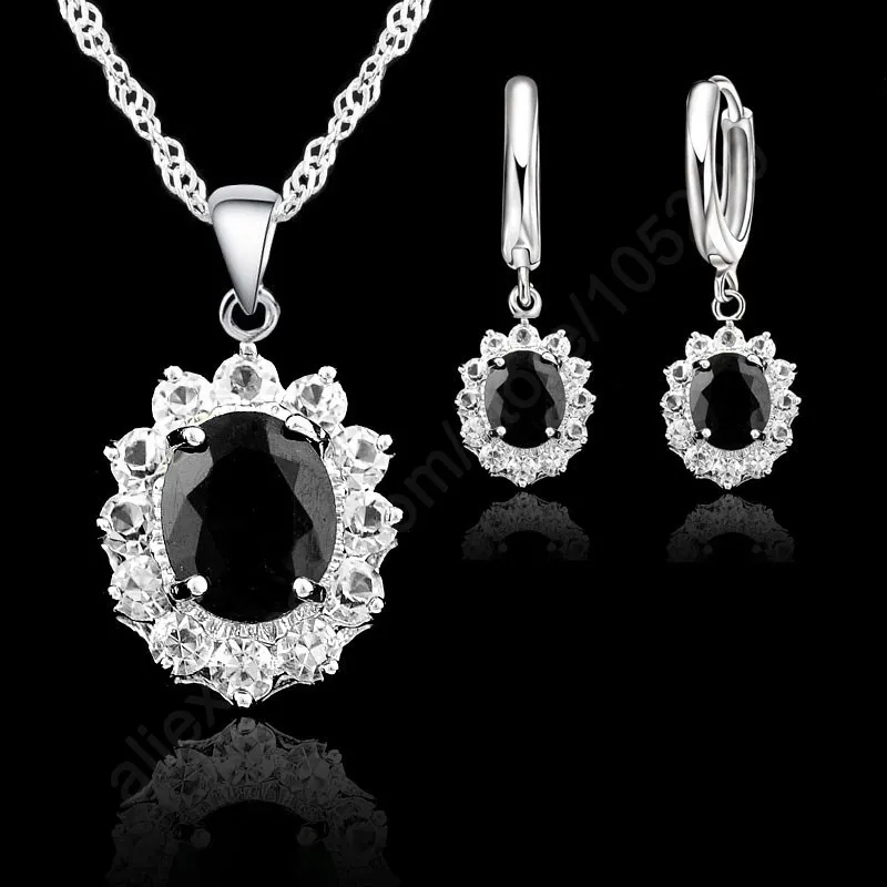

Classic Princess Wedding Engagement Necklace Earring Jewelry Sets Genuine 925 Sterling Silver Black Oval Cubic Zirconia Stones
