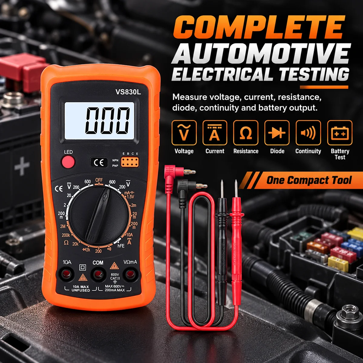 Digital Multimeter 600V Auto Electrical Test for Car Battery Voltage AC DC Current Resistance Continuity Diagnose Repair Tools