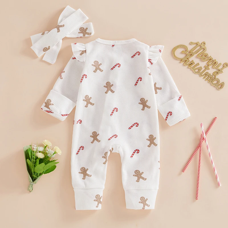 Baby Girls Christmas Jumpsuit Long Sleeve O Neck Gingerbread Print Ruffle Trim Romper with Headband