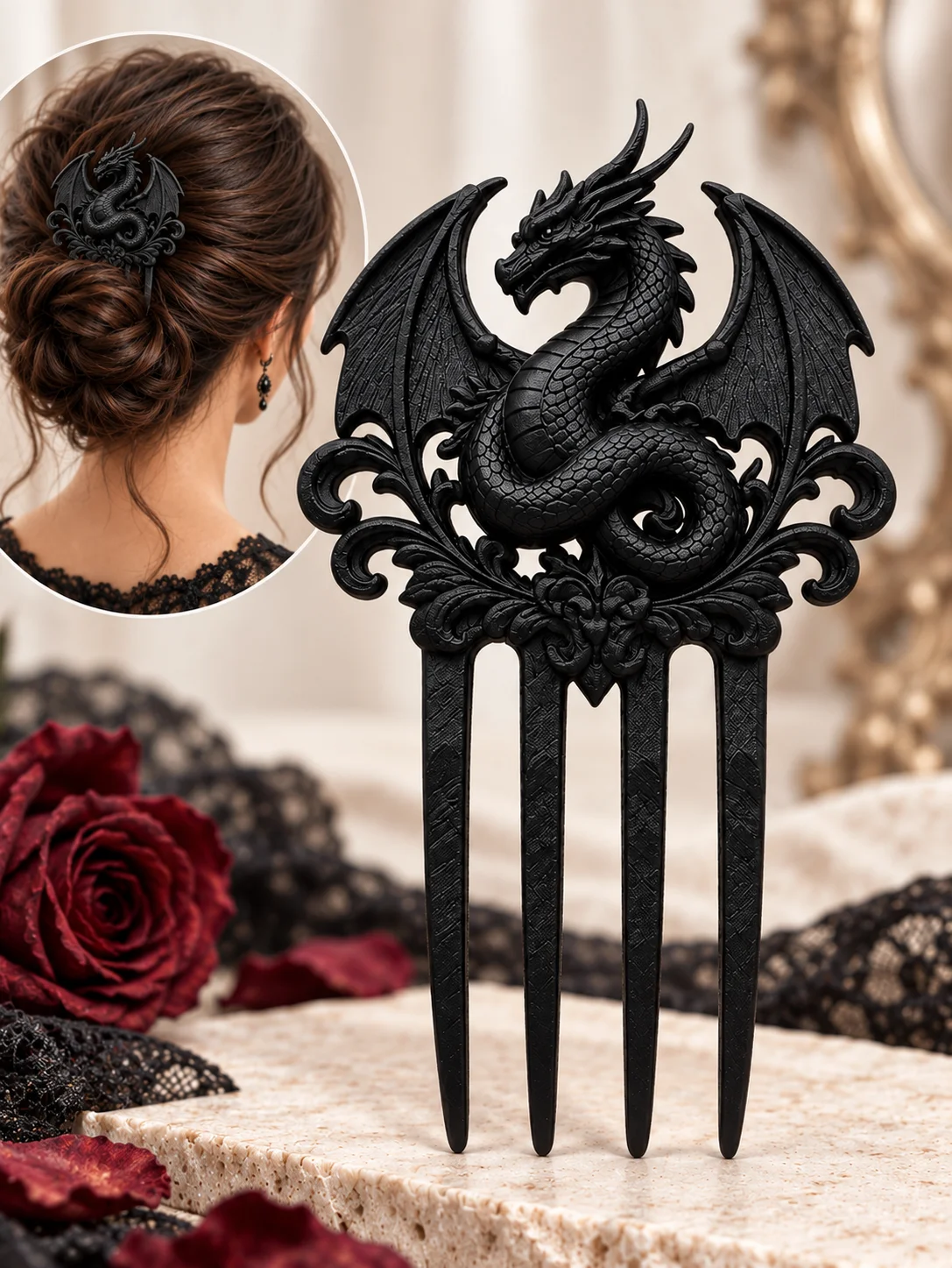 Women's and Girls' Dragon-Shaped Hairpin Hair Accessory, Gothic Victorian Style, 3D Printed Matte Four-Pronged Hair Fork, Baroque Embossed Winged Black Dragon Hair Ornament, Fantasy Medieval Style Design Hairpin, Non-Slip, Sturdy, Durable, Easy to Style Hair, Suitable for Daily Use, Dates, Parties, Weddings, Halloween, Cosplay, Renaissance Market, Dark Academy Style, Witch Style, Versatile and Eye-Catching Hair Accessory