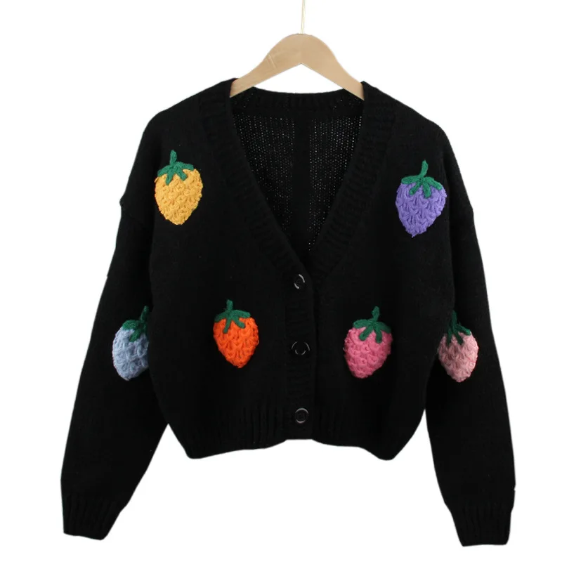 Elegant Cardigan Women Korean Fashion Vintage Strawberries Knit Sweaters Women Black Long Sleeve Top Knitted Button Up Pink Top