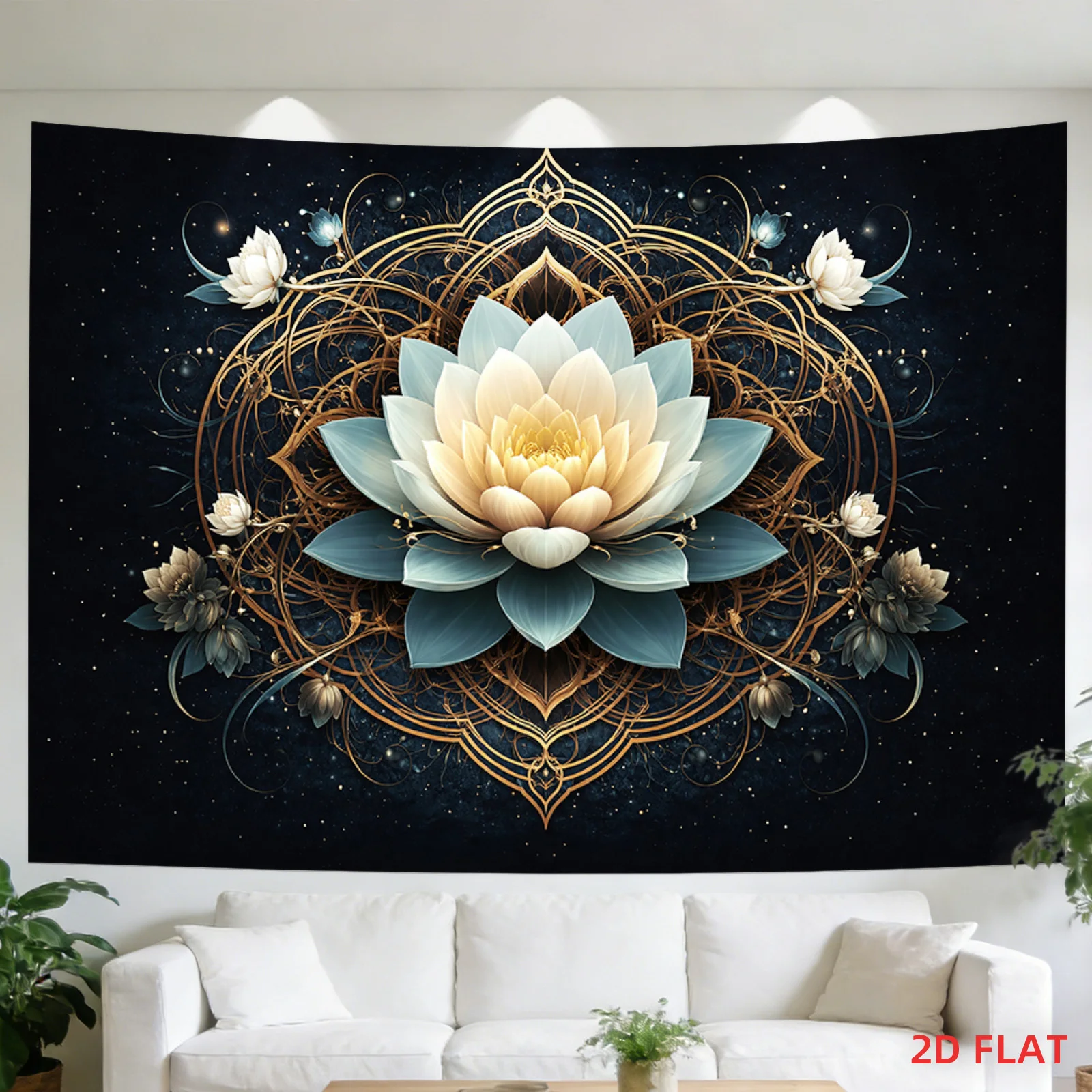 Luxury Cosmic Mandala Lotus Flower Tapestry Wall Hanging Boho Spiritual Art Decor Dark Night Gold Accents Print for Modern Livin