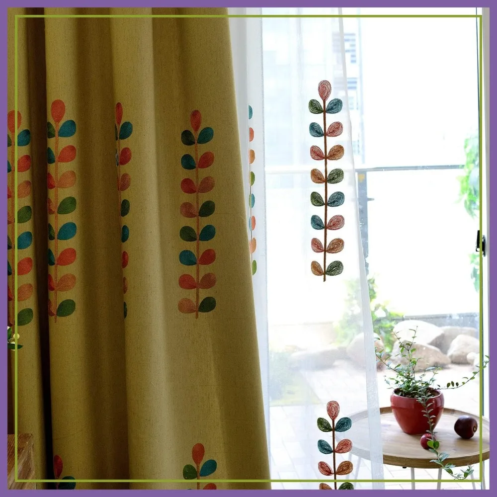 Linen Curtains 84 Inch Length, Colorful Leaves Embroidered Window Drapes for Living Room/Dining Room, Top Grommet, W52 X L84, 2 Panels