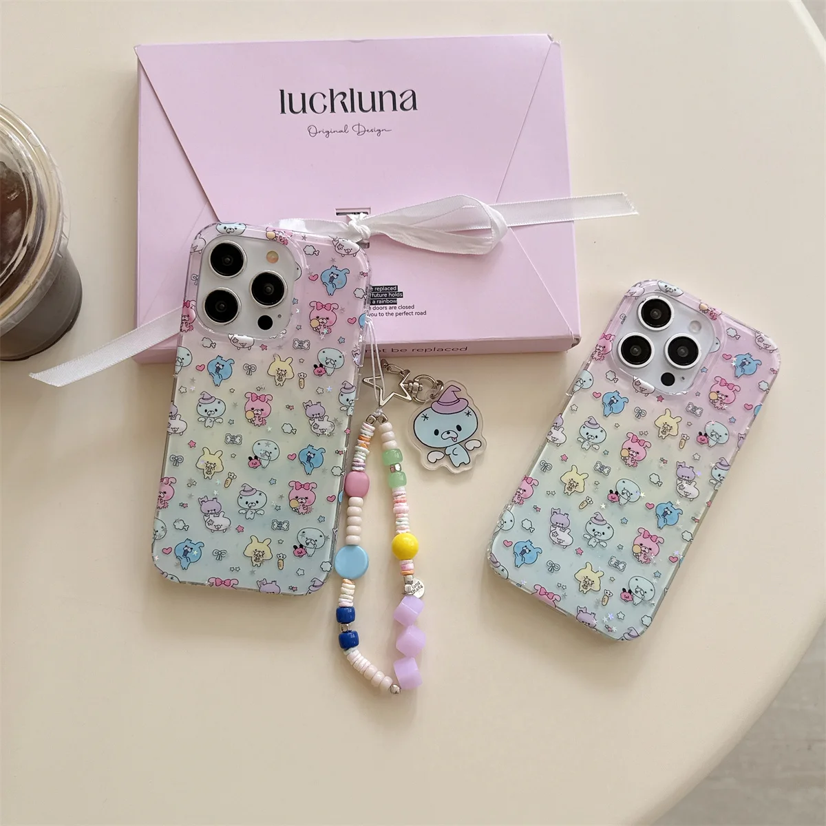

Summer Water Ripple Texture Phone Cover For iPhone 15 Pro 13 14 16 Pro Max Cover with Chain Cute Kitty Cases
