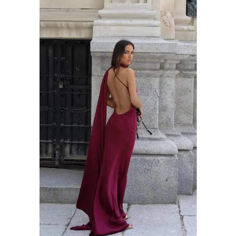 1688新作ワンピース 2025 レディースファッション 夏 無地 ホルターネック サテン エレガント ロングスカート レディース服 トップス