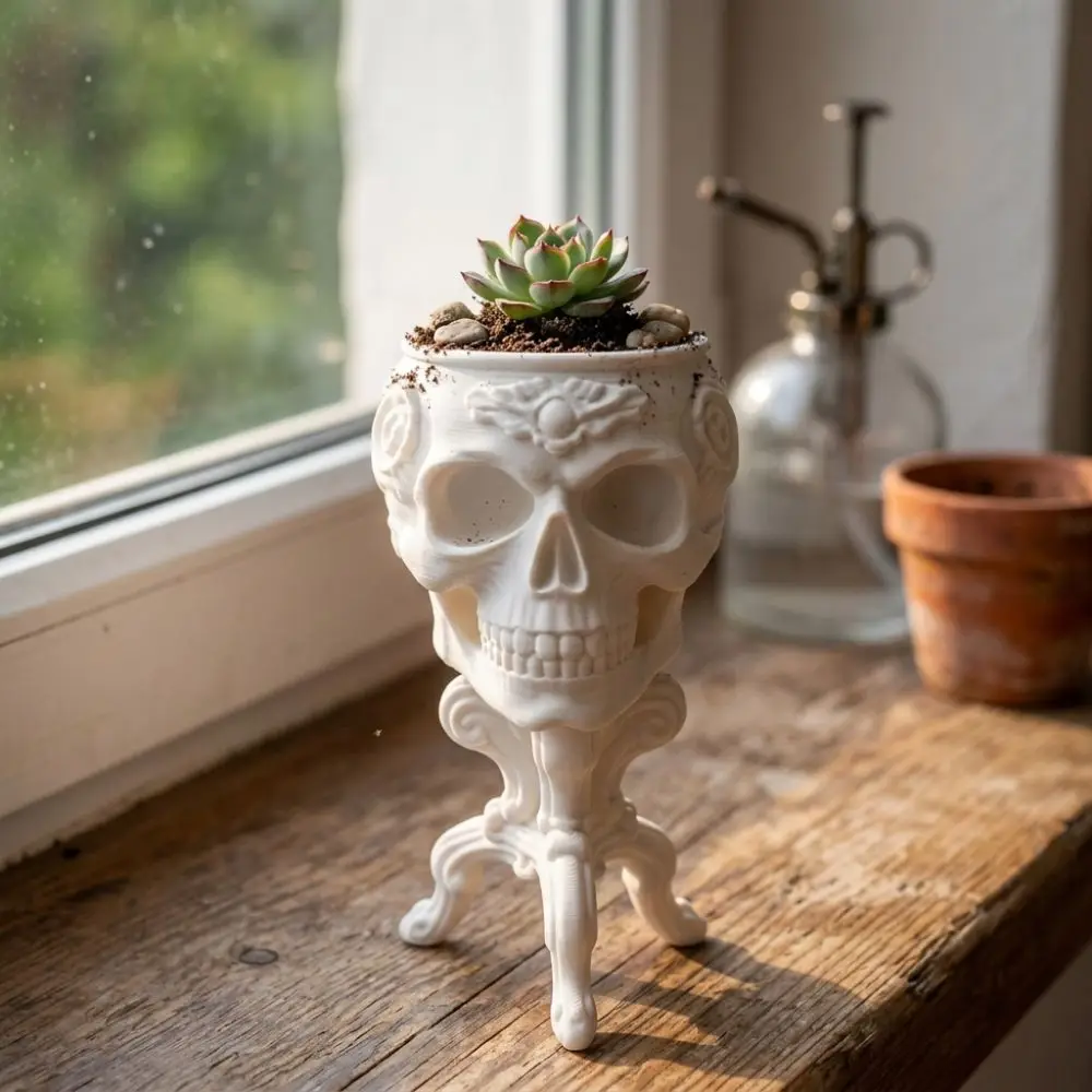 3D Printed Halloween Goblet Skull Planter Spooky Dark Vintage Carved Skull-Shaped Table Vase Integrated Rose Patterns