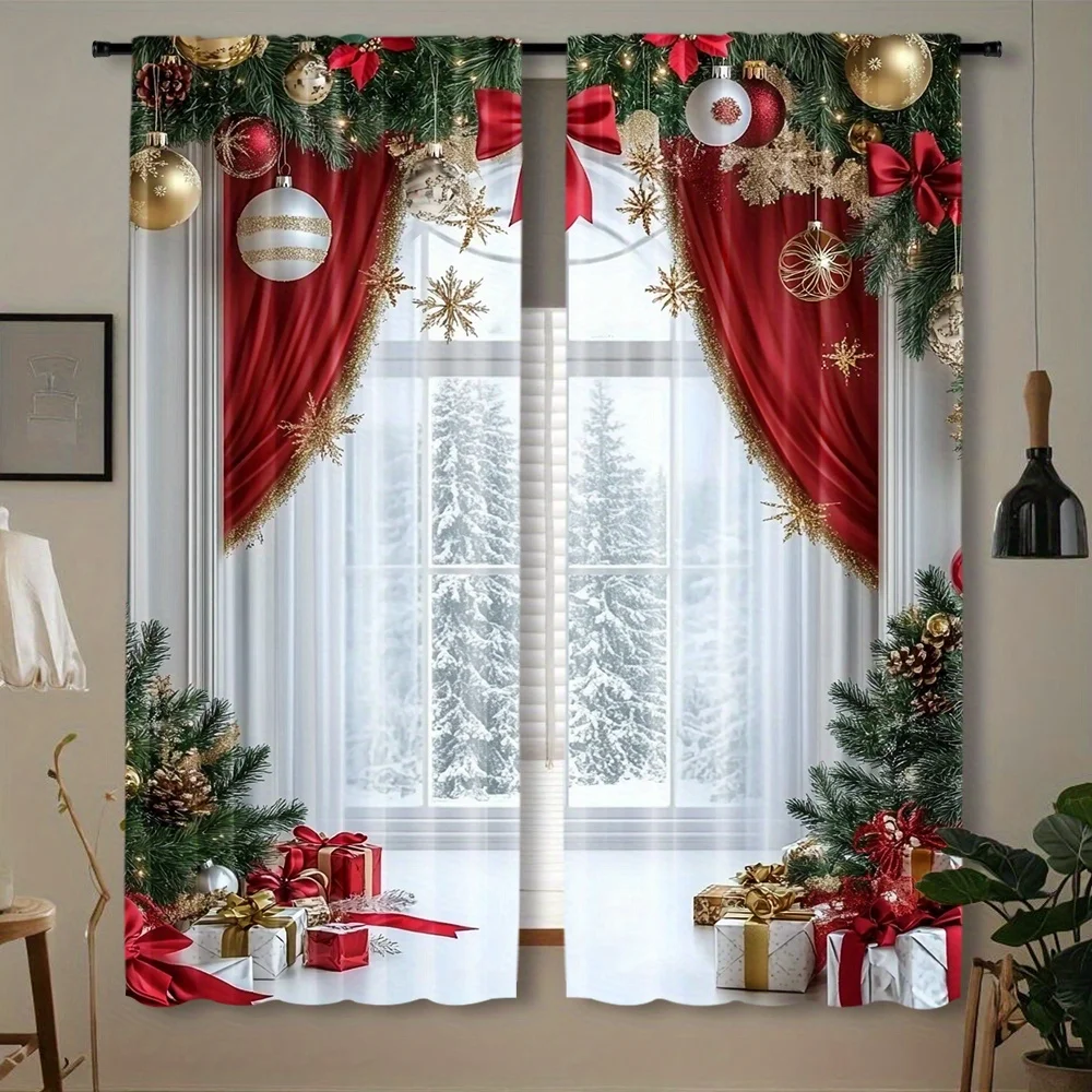 2pcs Set Golden Christmas Ball Printed Curtains - Rod Pocket Design for Easy Hanging, Perfect for Kitchen, Bedroom & Living Room