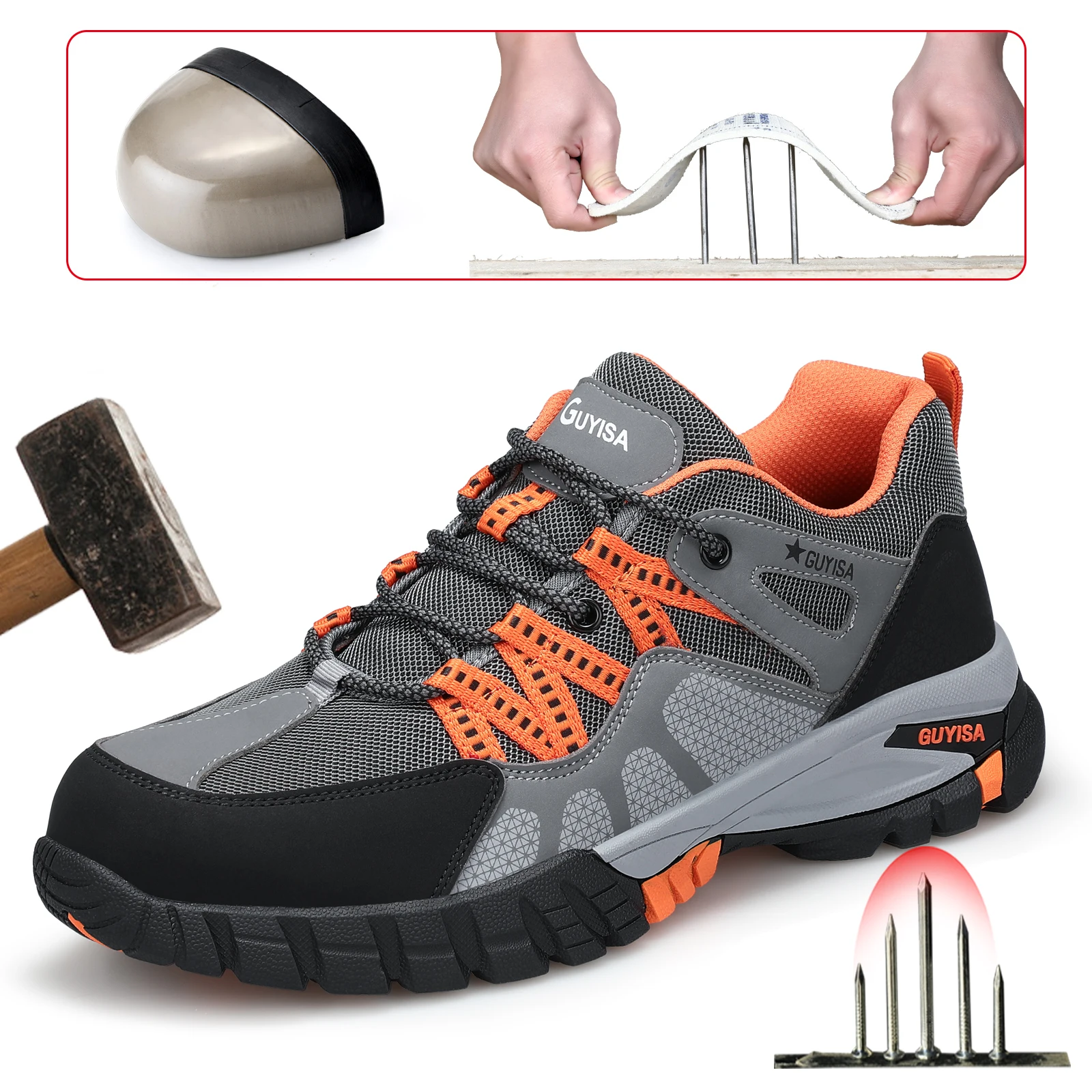 GUYISA Men's work shoes with anti smash and anti stab rubber sole, fashionable style