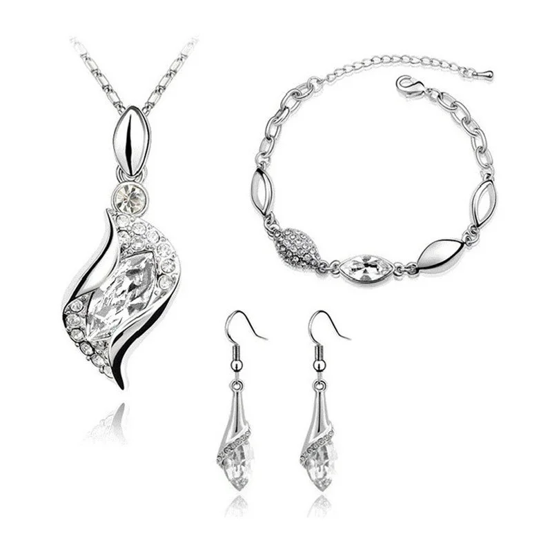 New Luxury 925 Sterling Silver Crystal Jewelry Set For Women Pendant Necklace Earrings Bracelet Set Fashion Jewelry