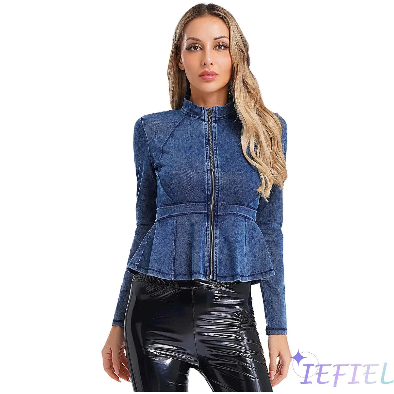 

Women Fashion Denim Peplum Jacket Casual Stand Collar Long Sleeve Zipper Slim-Fit Ruffle Coat Workout Athletic Outwear