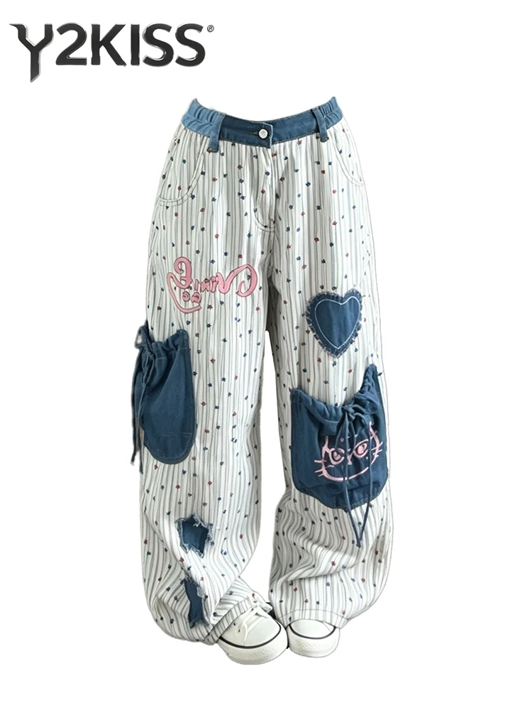

Women's Baggy Jean Striped Denim Pants Y2K Japanese Harajuku 2000s Design Wide Fit High Street Chic American Retro Juminocore