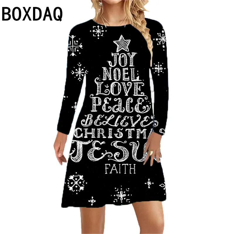 Autumn Christmas Women's Dress 2024 Christmas Snowflake Print Mini Dress Big Size 3XL Female Casual Loose Party Dress Vestidos