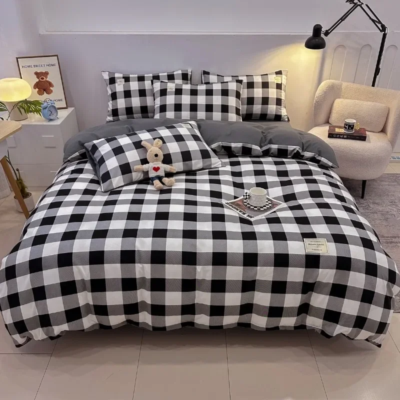 

2025 new skin-friendly and comfortable washed cotton simple striped plaid color four-piece set, bed sheet kit