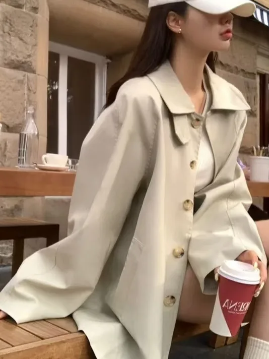 

Chic Casual Long Loose Women's Coat Single Button Turn-down Collar Autumn Winter Faion ular Big Coat Trendy Outfit