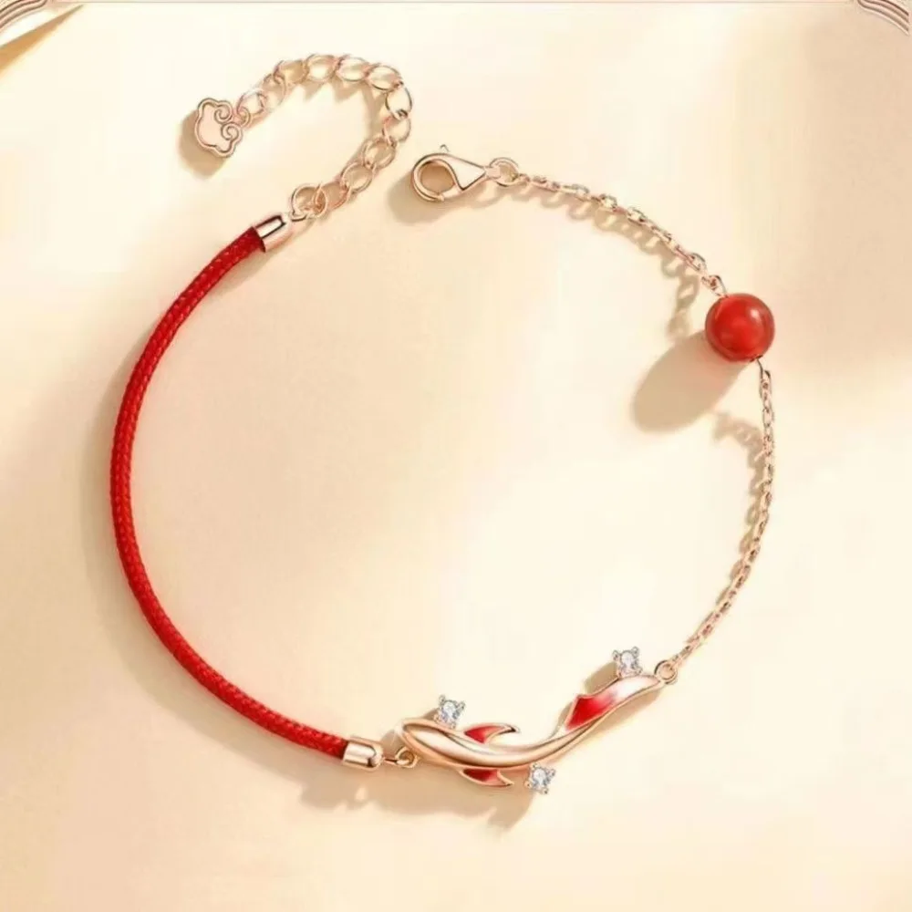 Red Agate Bead Bracelet Koi Fish Design Luck Jewelry Elegant Handmade Cord Bracelet Fashion Gift For Women Holiday Wear