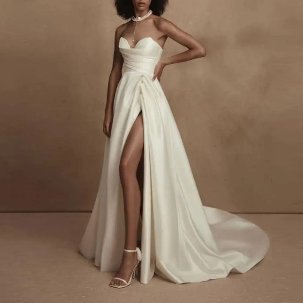 Customized Side Split Draped Wedding Dress Sweetheart A Line Bride Gown Pleat Satin Court Train Minimalism Wedding Dress