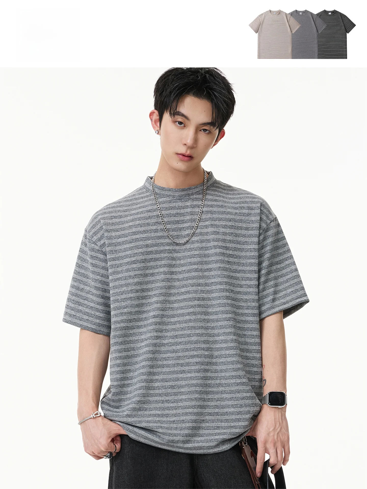 

Loose Fit Men's Stripe T-Shirt Short Sleeve Summer Casual Fashion Teenage Youth Polyester Blend Breathable round Neck Top