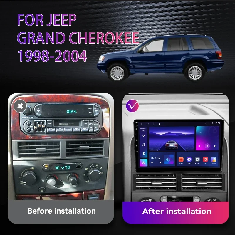 2Din Radio samochodowe z systemem Android 12 dla Jeep Grand Cherokee II WJ 1998 - 2004 multimedialna nawigacja 4G WIFI Carplay Autoradio CarPlay Auto