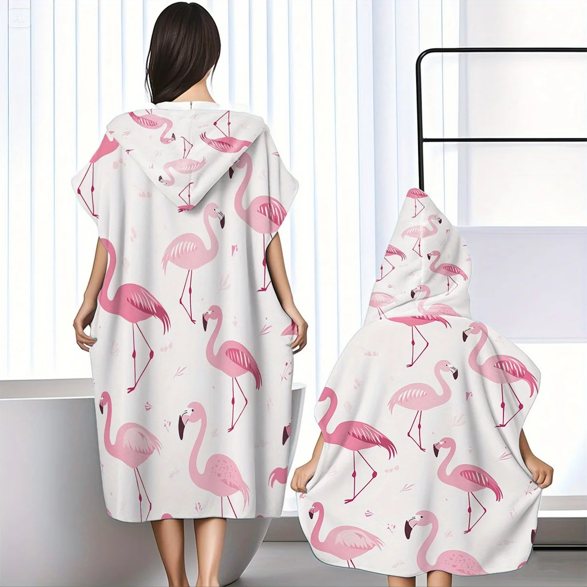 Flamingo Printed Bathrobe Hooded Design Button On the Side Super Absorbent Suit For Beach Pool Seaside Camping For Boy And Girl