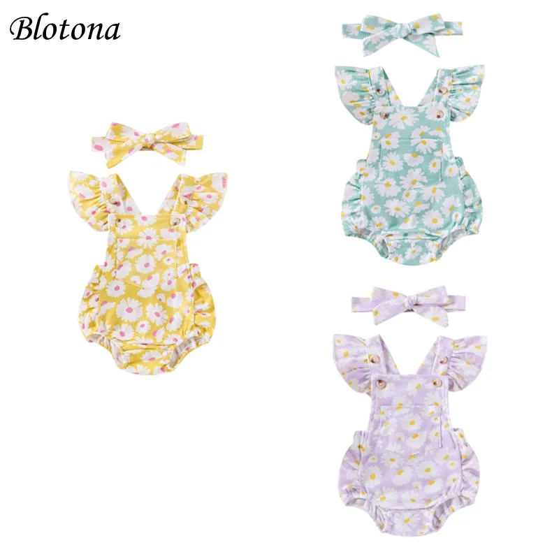 

Blotona Baby Girls Summer Romper Waffle Daisy Print Flying Sleeve Square Neck Jumpsuit with Bow Headband