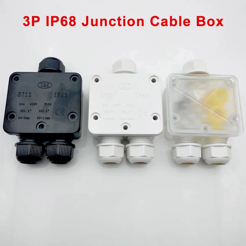 3 Way Waterproof Junction Box IP68 3pin 4-15mm Electrical Cable Wire Connectors 24A 450V External Electrical Junction Box