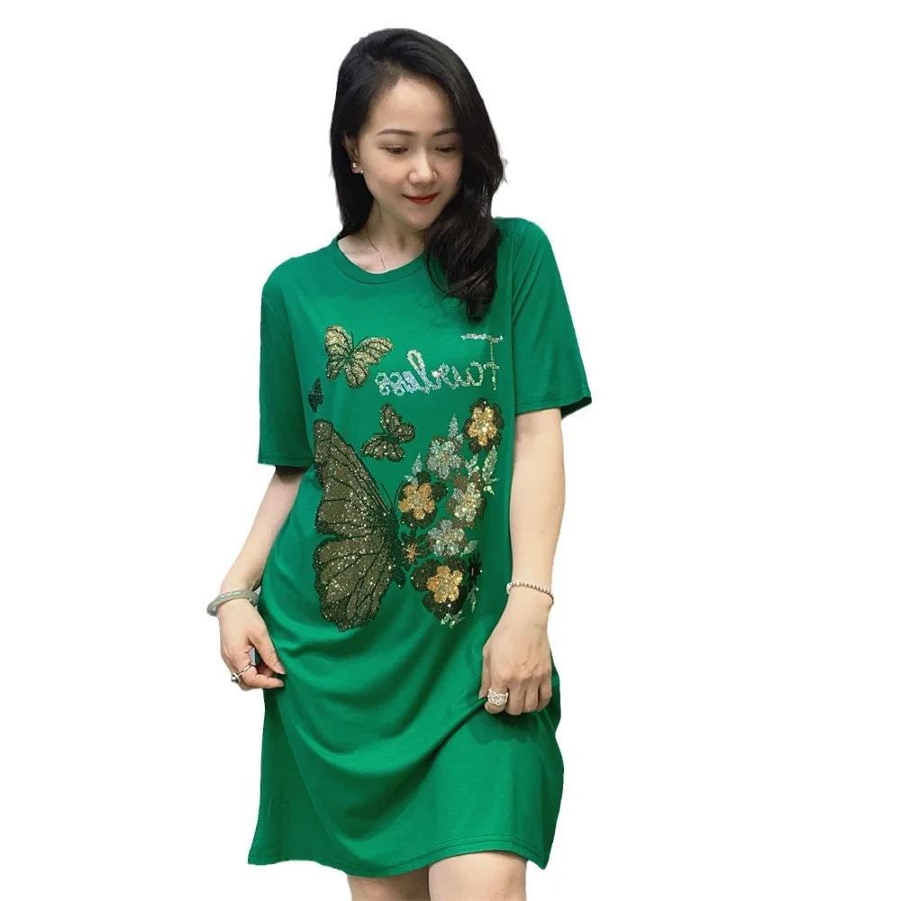 Fashion Butterfly Rhinestone Short Sleeve T-shirt Dress 2024 Summer New Round Neck Pullover Loose A- Line Casual Dress Women