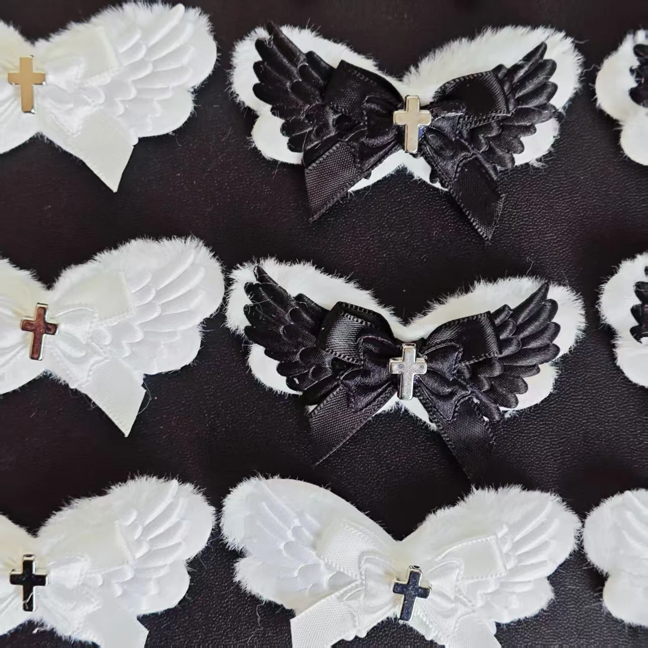 12 Bow-Shaped Angel Wing Accessories, Angel and Devil Wings with Cross, Black and White Color Scheme, Suitable for Handmade Accessories