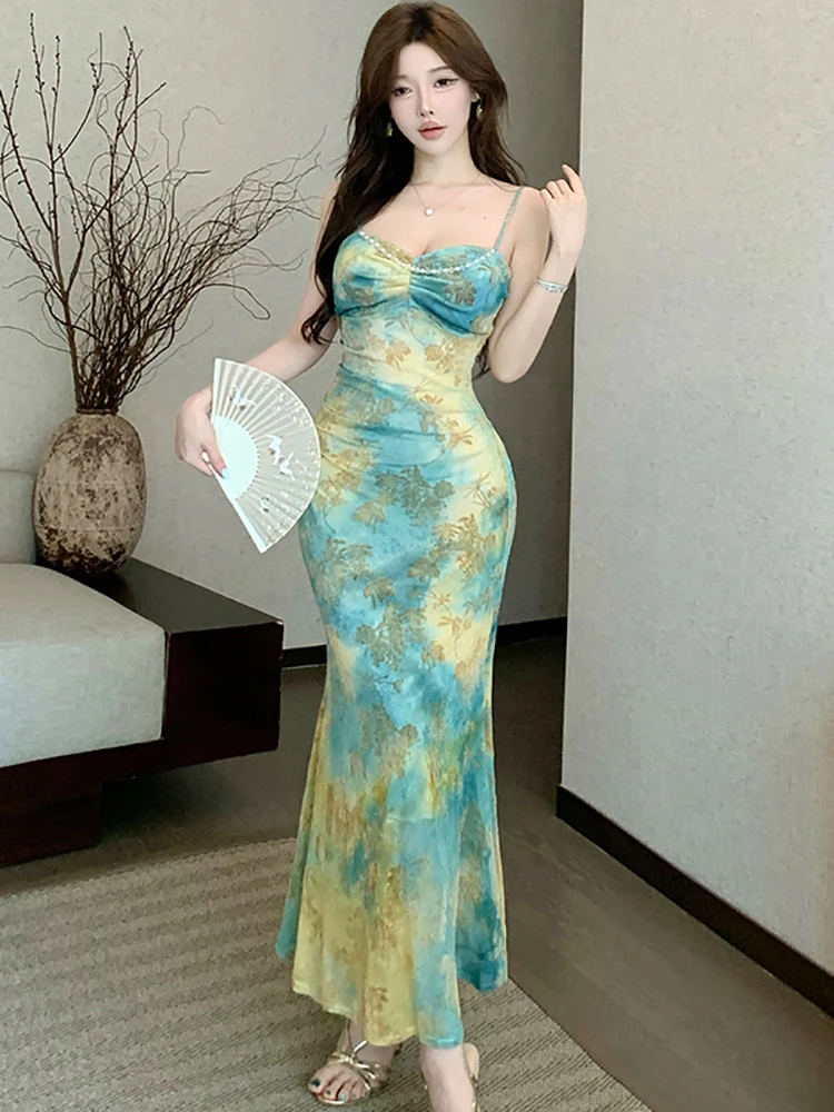 2025 Nuova maglia stampa chic perline fionda vestito sexy estate Boho eleganti abiti casual donna moda coreana aderente vestito da festa