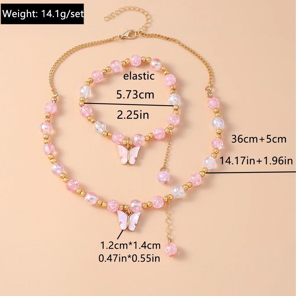 Aihua Romantische rosa Kristall Schmetterling Armband Halskette für Frauen Mädchen bunte Popcorn Perlen Halsband Halskette Schmuck Set – Detail 10