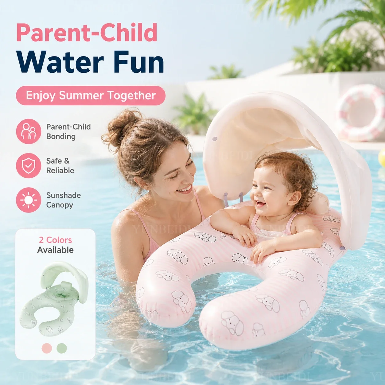 Mother and Child Swimming Ring with Shade Tent Double Seat Inflatable Baby Swimming Ring Family Pool Special PVC Material