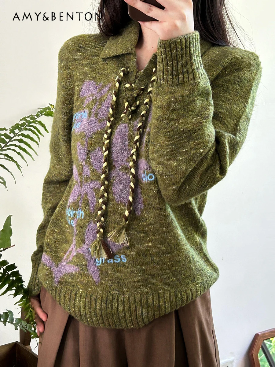 

Autumn Winter New Hot Sale Women's Green Letter Jacquard Embroidery Loose Casual Knitted Turn-Down Collar Sweater