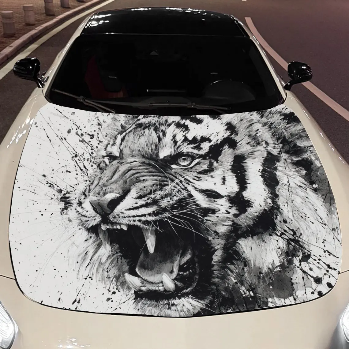 Car Decals Tigers with Vivid Stripes, Roaring Expressions, and a Monochrome Artistic BackdropCar Hood Sticker, Waterproof Self -