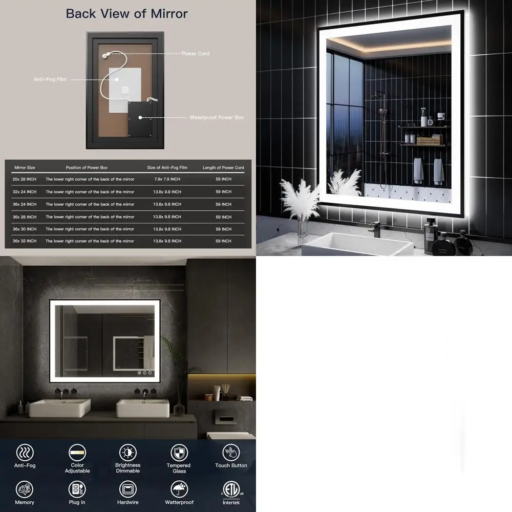 

36x28 Dimmable LED Mirror with 3-Color Lights, Anti-Fog, Front and Backlit, Shatterproof, Memory Function