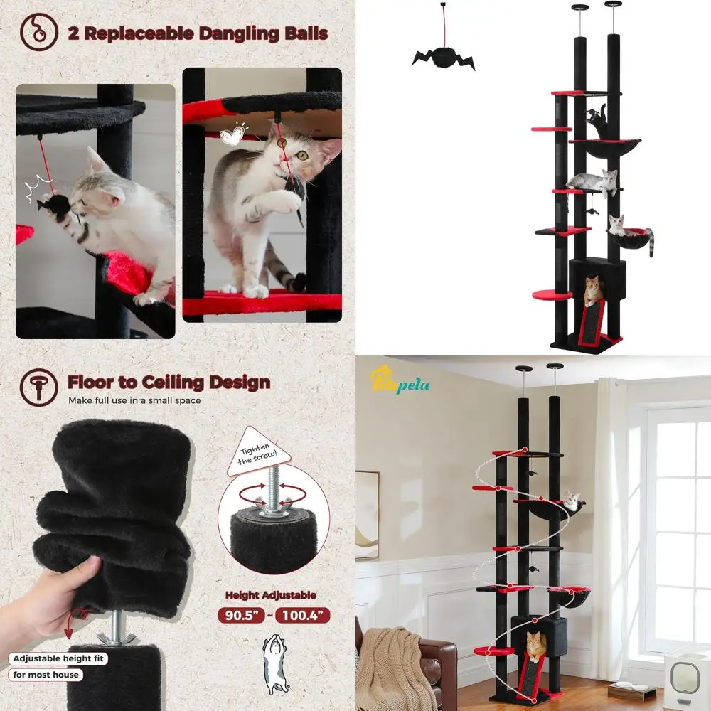 

Gothic-Style Adjustable Cat Tower: 90.5-100.4 Tall with Scratching Posts, Condo, and Hammock for Large Indoor Cats, Black