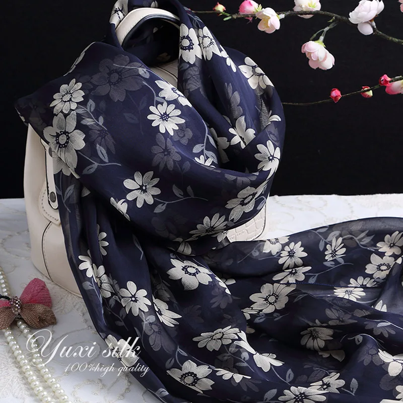 

Blue Flower 100% Silk Long Scarf Shawl Women's Spring, Autumn and Winter Summer