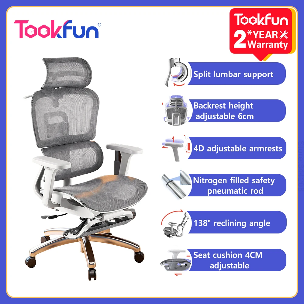 Tookfun Ergonomischer Stuhl, Computerstuhl, Drehstuhl, Bürositz, Lift, Gaming-Stuhl, 4D Alpha, getrennte Lendenwirbelsäule, atmungsaktives Netz