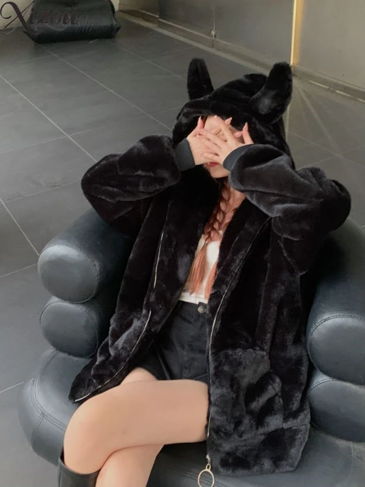 Plush Coat Women Autumn Winter Little Devil Ear Warm Loose Hooded Zipper Lolita Black Japanese Solid Color Tail Y2k 2025