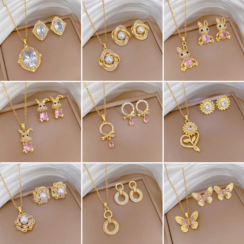 Fashion Jewelry 40 Kinds of Zircon Pendant Necklaces and Stud Earrings Jewelry Sets for Women Cute Christmas Gifts