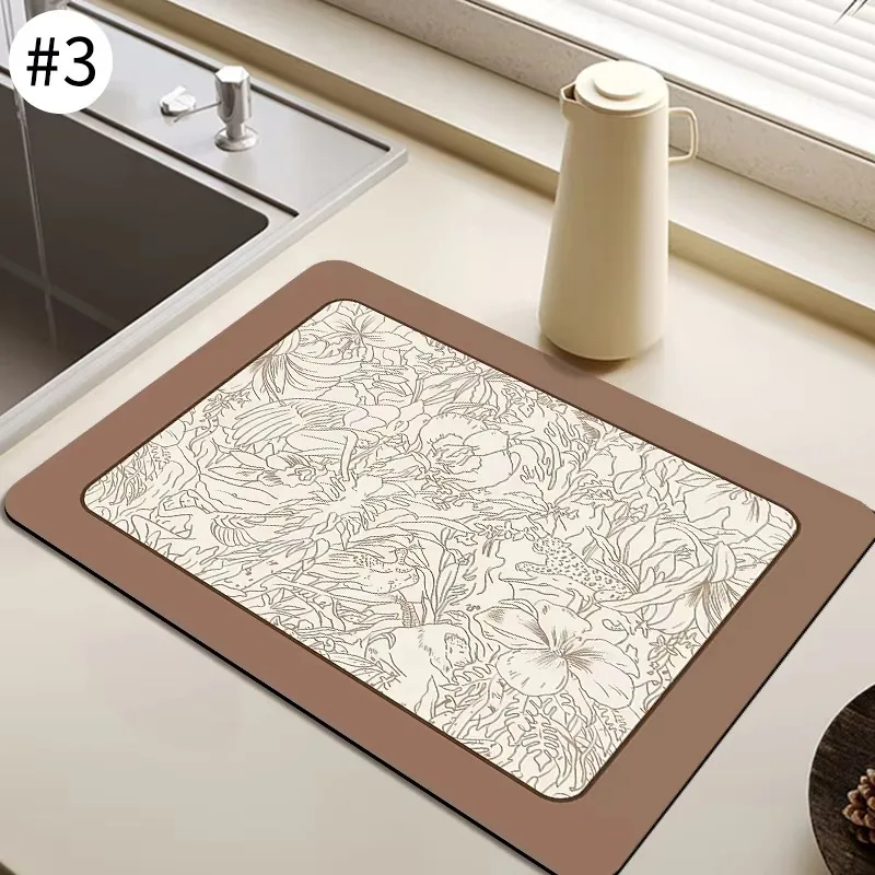 VIKAMA Retro Border Pattern Drainage Mat for Kitchen & Tea Counter, Non Slip & Machine Washable, Home and Kitchen Decor