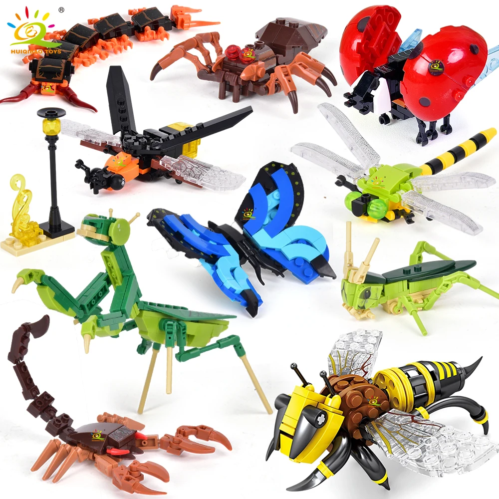 HUIQIBAO, bloques de construcción creativos de insectos Moc, abeja, libélula, hormiga, Mantis, mariposa, juguetes ensamblados para niños, adornos de animales, regalos