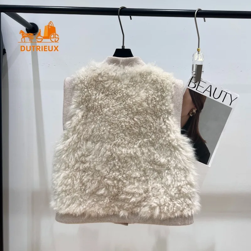 24 Winter New Fur Vest Women, Short Simple and Elegant Cashmere Fur Stitching Cashmere Knitted Fur Vest Jacket Coat Women Party