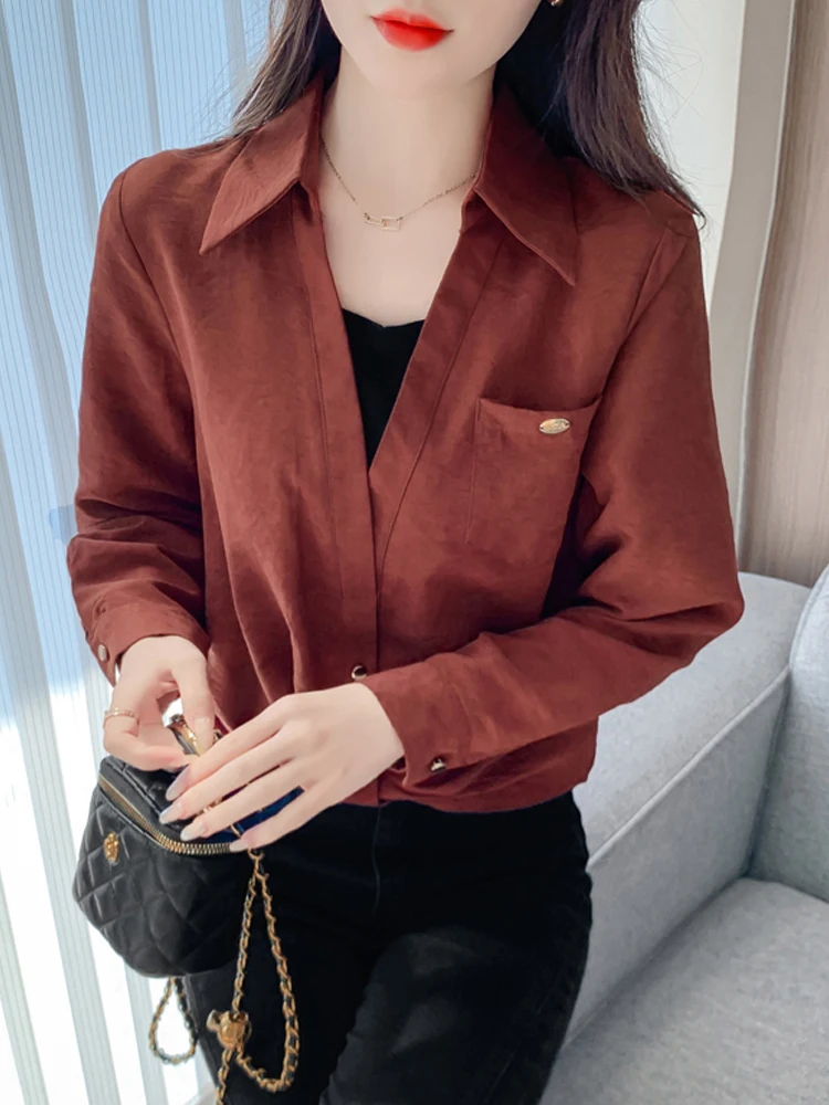 

Red Ladies Long Sve irt Loose Fit Versatile Spring Autumn New Sle Faionable Anti-Aging Top Casual Korean Sle