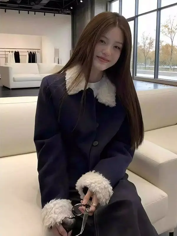 

Женское шерстяное пальто с контрастным воротником из овечьей шерсти, приталенное, теплое, короткое, в корейском стиле, с длинными рукавами, на пуговицах