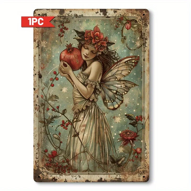 Piece Featuring a Fantasy Fairy with Pomegranates, Metal Sign Made of Iron, Exuding an Extraordinary And Dreamy Atmosphere