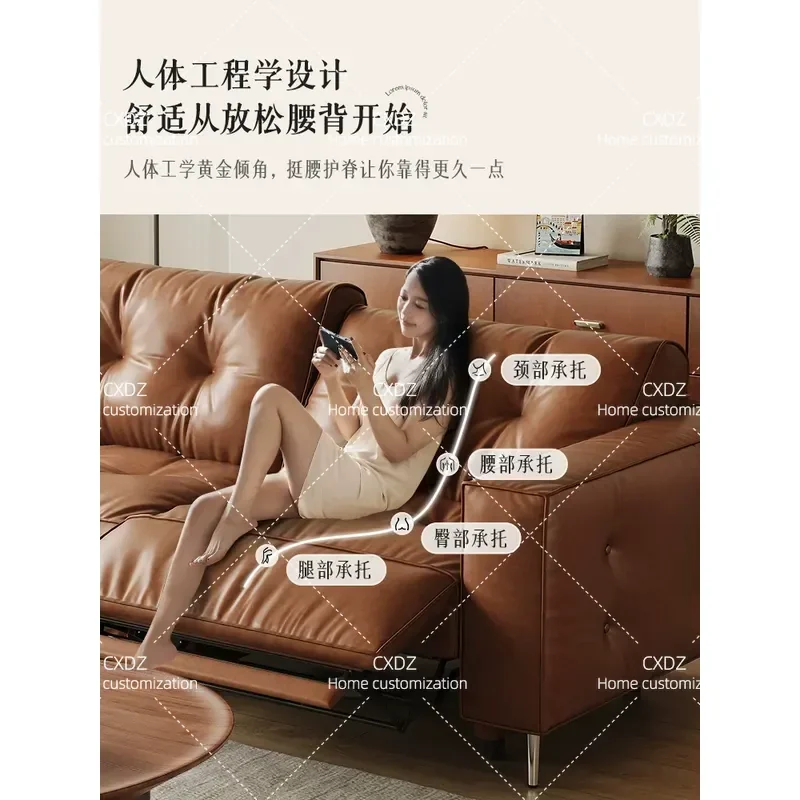 Caramel Retro Oil Wax Leather Electric Recliner Sofa 3 Seater Straight Row Living Room Furniture Medium Size Vintage Style