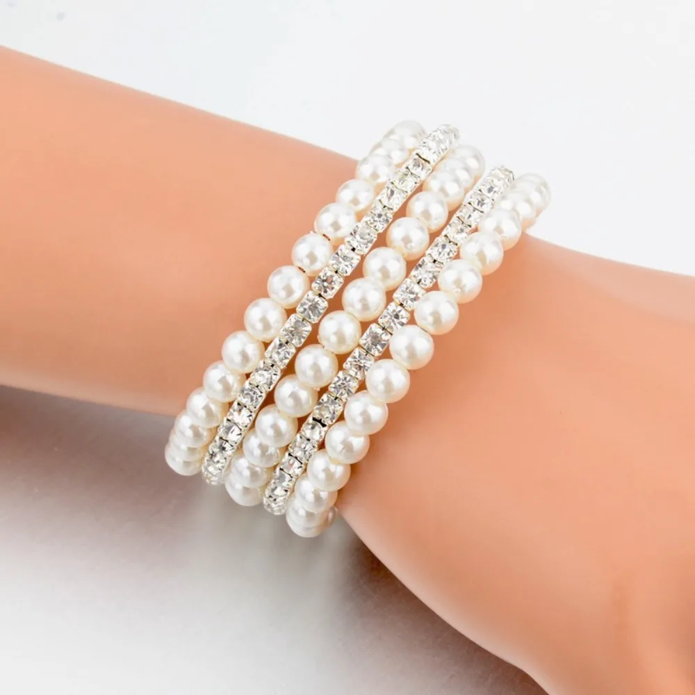 Multiple Shining Rhinestone Crystal Bracelet Pearl Cubic Zirconia Wide Hand Wrist Bracelet For Women Girl Bridal Wedding Jewelry