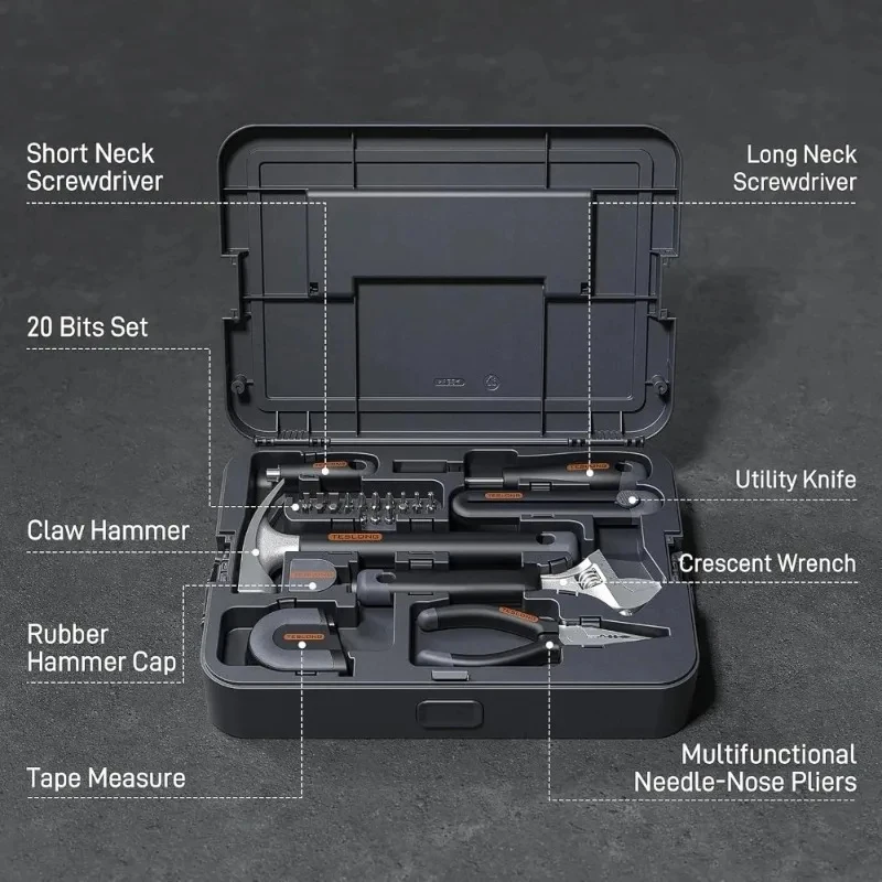 Kit Home Repair Screwdriver Wrench Hammer Tape Measure Pliers Utility Knife Storage