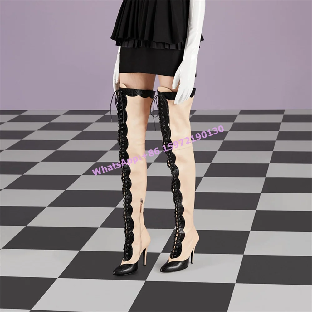 Patchwork Thigh High Boots Pointy Toe Thin Heels Black Snakeskin Cross Tied Lace Up Shoes Winter Pleated Sexy Party Long Boots