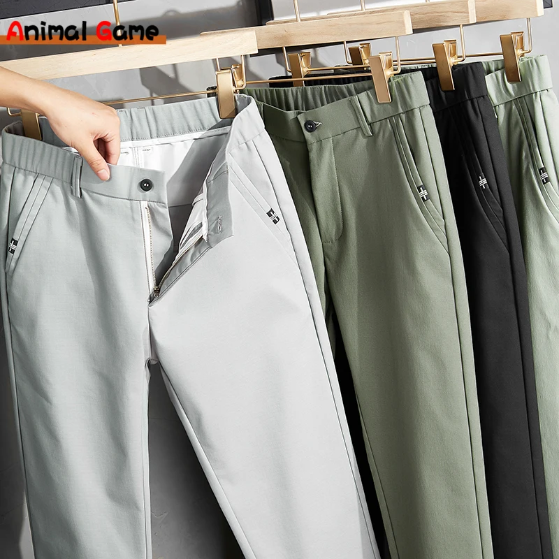 Pantalones elásticos de cintura elástica para hombre, pantalón clásico de negocios, informal, coreano, largo, negro, gris, primavera y verano